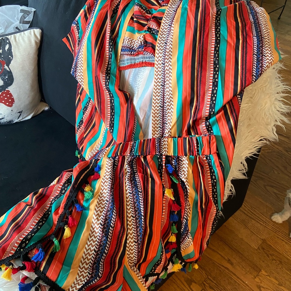 Colorful Striped 3 piece short set with Tassels